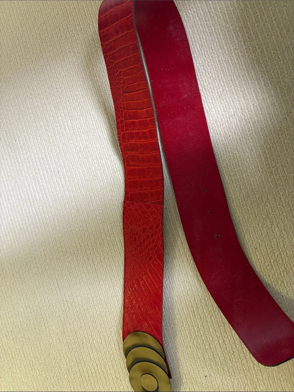 Bold Red Leather Croc Design Waist Belt with Antique Gold Triple Disc Buckle